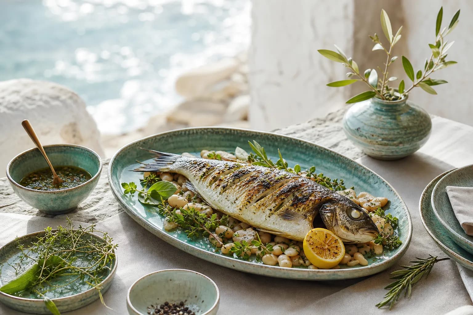 Grilled sea bass with lemon, beans, and wild herbs