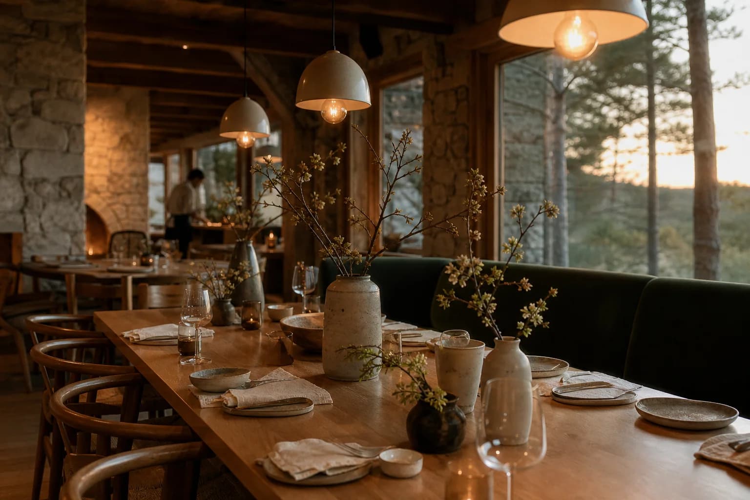 Warm timber and stone dining room overlooking pine trees