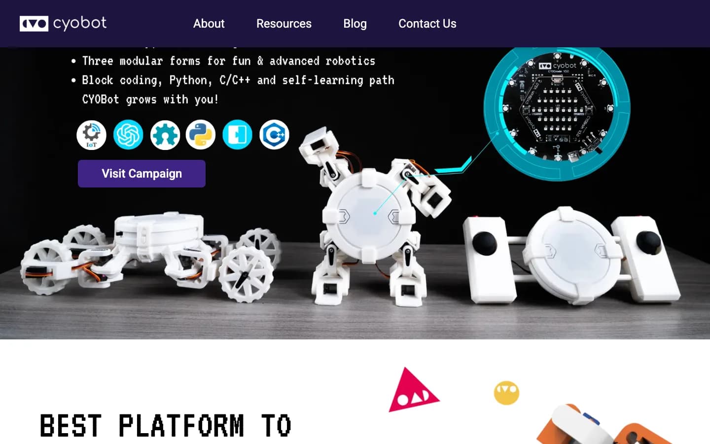 Website sản phẩm robot CYOBot công khai được dùng làm bối cảnh dự án